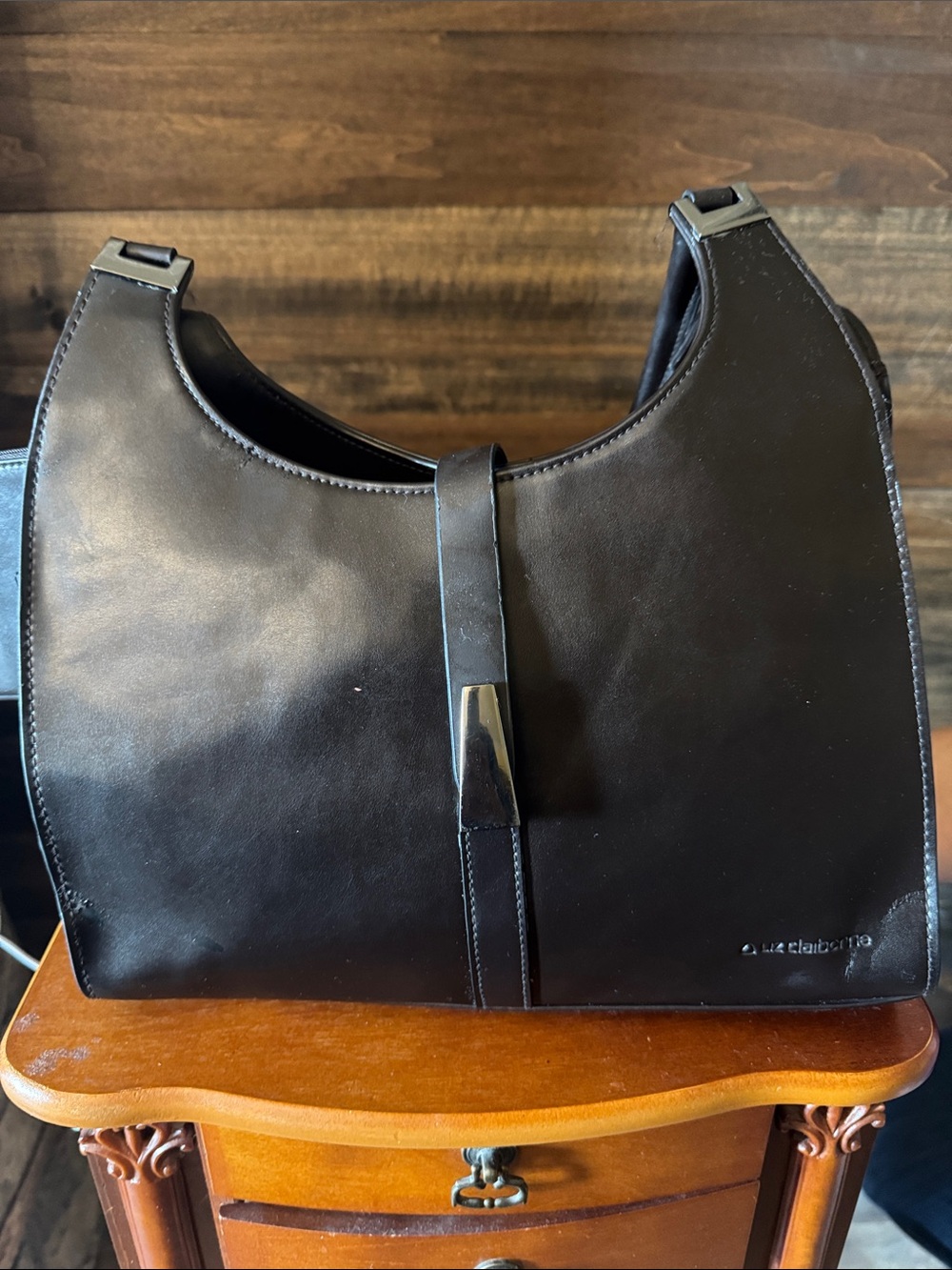 Liz Claiborne Brown Leather Crescent Shoulder Bag with Center Tab